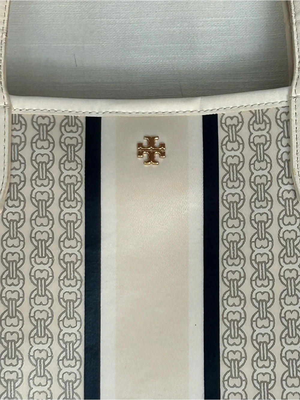 Tory Burch Cream Classic Preppy Logo-Print Tote with Navy Stripe